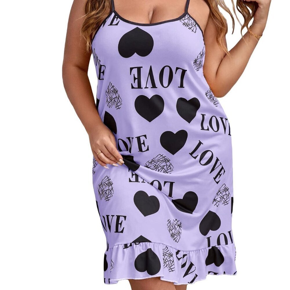 Plus Size Heart Graphic Nightgown with Eye Mask, Ruffle Hem, Adjustable Straps